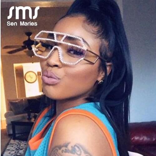 Fashion Oversized Square Diamond Sunglasses Women Luxury Brand Designer One-piece Glasses Metal Rhinestone Eyeglasses oculos