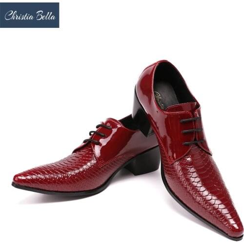 Christia Bella British Style Pointed Toe Genuine Leather Business Dress Shoes Men Nightclub Shoes Serpentine Wedding Shoes Red