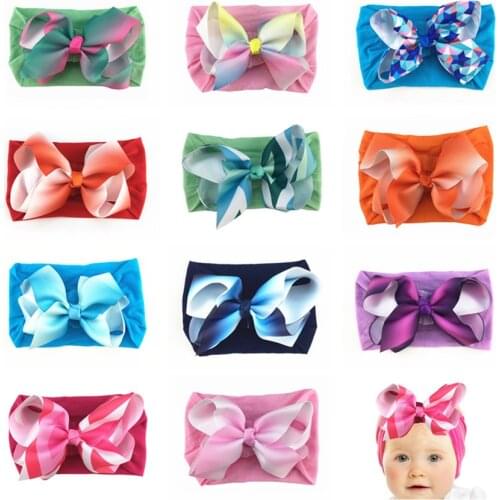 Yundfly 10pcs/lot Baby Girls Nylon Wide Headband Printed Ribbon Bows Knot Headbands Newborn Children Headwear Hair Accessories