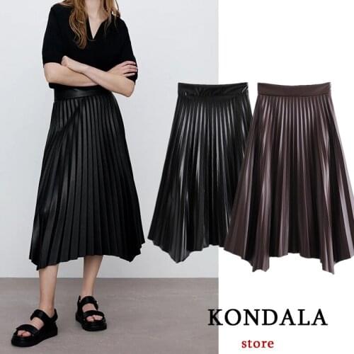 KONDALA Womens Faux Leather Skirt Za Fashion 2021 High Waist PU Pleated Vintage Skirts Female Elegant Black Long Skirts