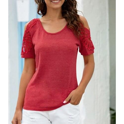 Women Lace Tops Off Shoulder Stitching Round Neck Short Sleeve Sexy T-Shirt Orange Size S