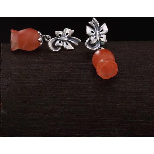 S925 sterling silver inlaid with South Red Agate personality boll orchid retro butterfly lady eardrop earpin Earrings