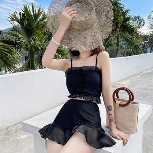 2021 New Hot Swimsuit Women Sling Lace Edge Folds Cross Straps Small Fresh Vacation Small Breasts Korean Conservative Fairy Fan