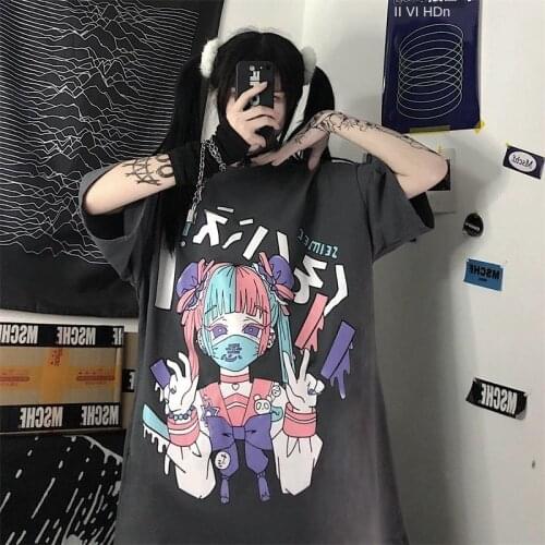 Korean Plus Size Top Short-sleeved Female Ins Top Retro Dark Girl Print Student Loose Women Anime Shirt Blouse Women