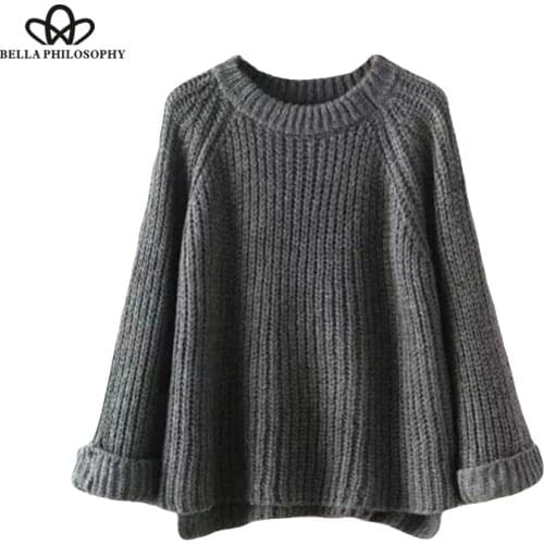 Bella Philosophy Winter O Neck Sexy Knit Women Sweater Casual Loose Oversized Korean Pullover Split Warm women Jumper