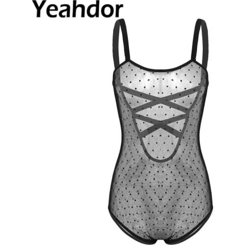Womens Sexy Bodysuits Lingerie See Through Sheer Dotted Mesh Teddy Bodysuit Jumpsuit Spaghetti Straps Criss-cross Back One-piece