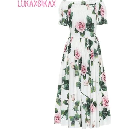 2021 New Women Summer Dress High-end Custom Sicilian Rose Flowers Print Runway Dress Sexy Off Shoulder Slim Long Dress