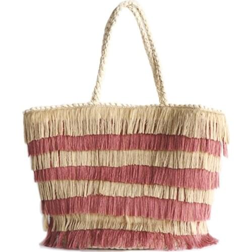 2021 Summer Fashion Straw Bag Corn Skin Panelled Tassel Fringed Womens Bag Hand Woven Large Capacity Seaside Holiday Beach Bag