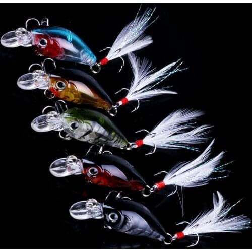 5pcs Artificial Fishing Lures Crank Baits Mini Crankbait w/ 3D Eyes and Feather