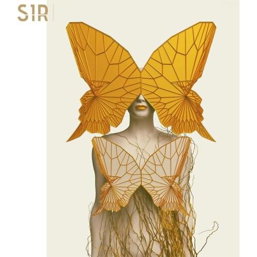 Abstract Figure Girl With Yellow Butterfly Canvas Painting Art Wall Picture For Living Room Fashion Home Decor Posters And Print