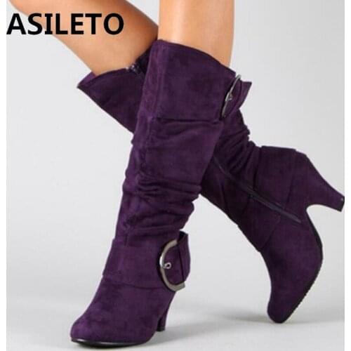 ASILETO 2021 Winter Knee High Boots Autumn Faux Suede Wide Pleated Slouchy Buckle 5cm Spike Heels Zip Size 35-43 Grey A4370