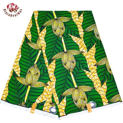 Bintarealwax African Fabric Green Background Polyester Ankara Sewing for Women Party Dress 6 Yards/lot Material FP6378