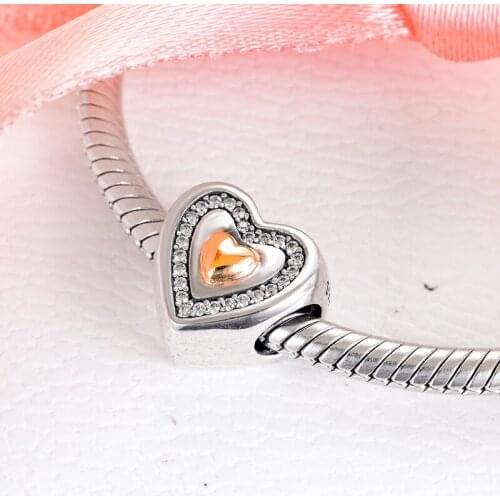 14k Real Gold Heart Beads 925 Sterling Silver Original Charm for Jewelry Making Fit Charms Bracelet DIY free shipping 02215K