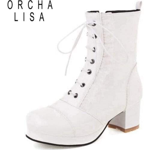 ORCHALISA Autumn Winter Ankle Short Boots Round toe Chunky Heels Zip Lace Up Lolita Ladylike Small Big Size 30-43 Black S2472