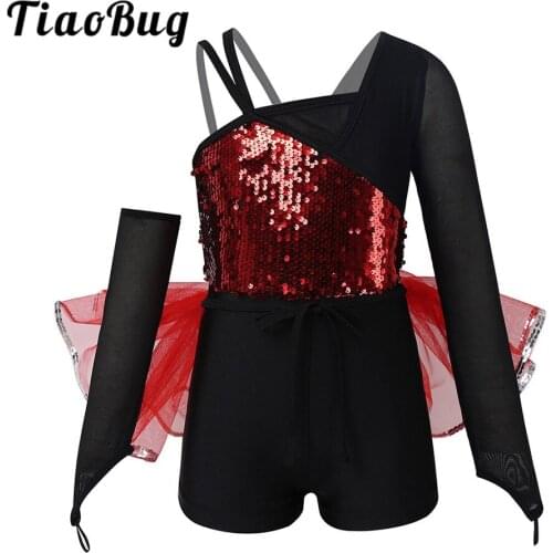 TiaoBug Kids Girls Mesh Long Sleeve Shiny Sequins Gymnastics Unitards Set Tutu Ballet Leotard Contemporary Lyrical Dance Costume