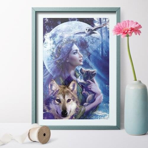 Diy 5D Full Diamond Painting Wolf Girl Cross Stitch Kits Home Decor Diamond Embroidery Mosaic Art Picture with Rhinestones