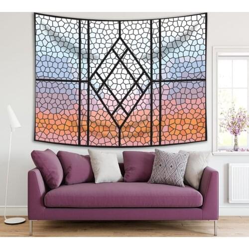 Tapestry Stained Glass Windows Frame and Sunset Clear Summer Sky Decorative Orange Blue Black Artwork Printed