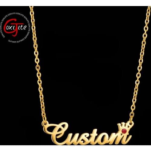 Goxijite Custom Name Necklaces Stainless Steel Birthday Stone Zirconia Necklace With Crown Personalized Name Custom Jewelry Gift
