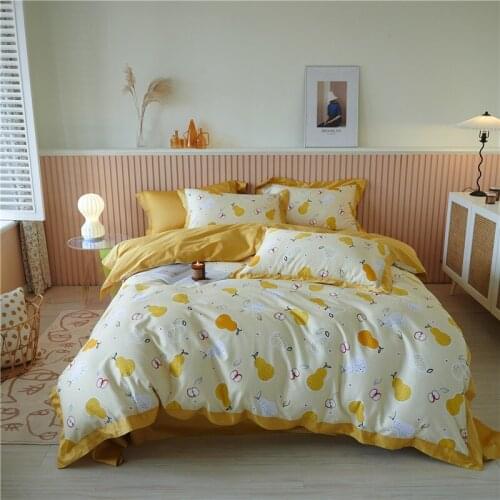 Cute Bedding Set For Teens Girls Full/Queen Size Bed Sets Yellow Pears Print Blanket Covers 4pc Egyptian Cotton Duvet Cover Set