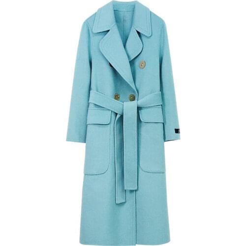 Korea Women Spring Autumn Yellow Blue Loose Long Wool Coat Jacket Belt Ladies Woolen Overcoat Cardigan Outerwear Plus Size e138