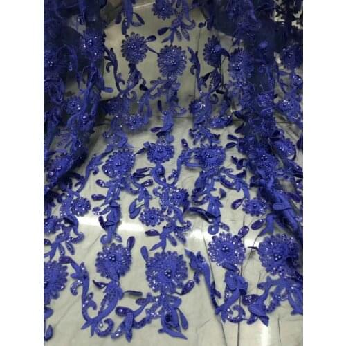 African Tull Lace Fabric 3D Flower Fabric with Sequins High Quality Blue Beaded Lace Fabric Fashion Wedding/Party dress FJ2200