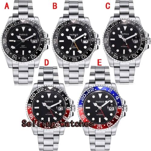 40mm Parnis Mechanical Watches Black Red Ceramic Bezel black dial GMT luminous marks sapphire glass automatic Mens Watch