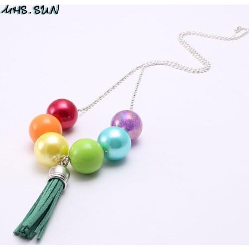 MHS.SUN 1PC Fashion Kids Baby Handmade Chain Necklace With Tassel Pendant Chunky Bubblgum Beads Necklace For Child Girls Gift