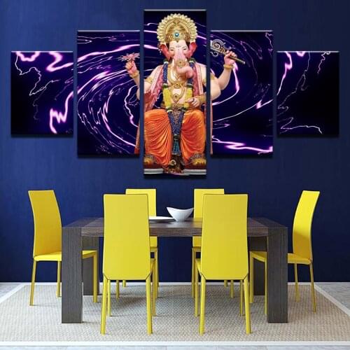 Modular Canvas Wall Art Poster HD Printed Framework 5 Pieces Elephant Head God Ganesh Painting Home Decor Room Stone Flower
