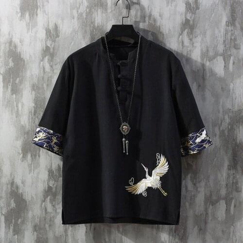 Summer Men Cotton Linen Blouse Short Sleeve T Shirt Chinese Traditional Clothes Male Hanfu Tang Suit Streetwear Tees Tops KK3504
