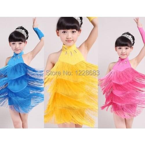 New 2020 Children Kids Blue Yellow Pink Stage Performance Competition Fringe Dance Costumes / Latin Fringe Dress For Girls