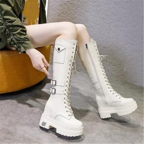 Autumn Women Knee High Boots Wedges High Heels 10 CM Platform Lace up Long Boots Fashion Women Leather Sneakers Motorcycle Boots