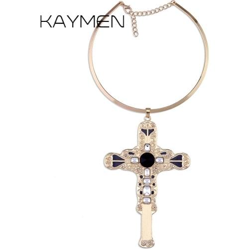 KAYMEN Golden Color Inlaid Glass Stone and AAA Rhinestones Fashion Cross Pendant Necklace for Women Choker Necklace NK-04066