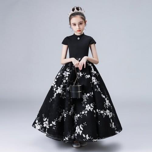 Flower Girls Dresses Princess Lace Crystal Embroidery Ball Gown Tiered Floor-Length Tulle Black Embroidery Kids Party Dress D242