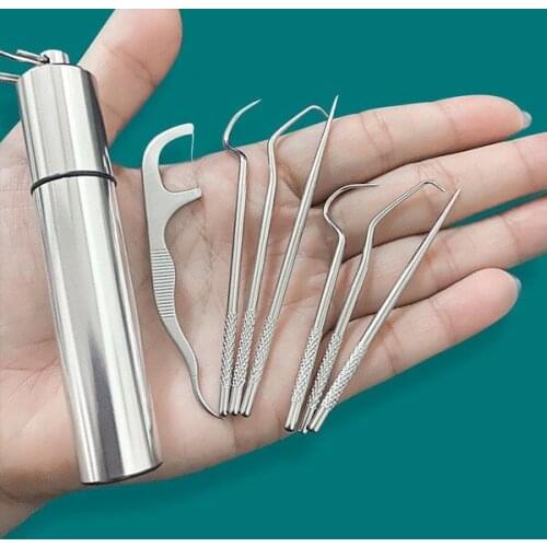 Portable Stainless Steel Toothpick Bag Set Reusable Metal Toothpick Dental Floss Outdoor Picnic Oral Teeth Cleaning Care Tool