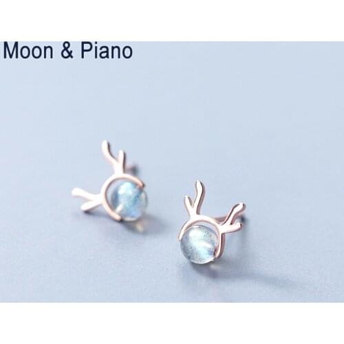 S925 Silver Fashion Antler Earrings Female Korean Version Of The Small Fresh And Lovely Elk Gradient Gray Moonstone Ear Jewelry