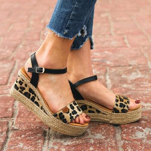 Plus Size 35-42 Gladiator Sandals Wedges on Platform Shoes High Heels Beach Shoes Leopard Buckle Strap sandalias mujer