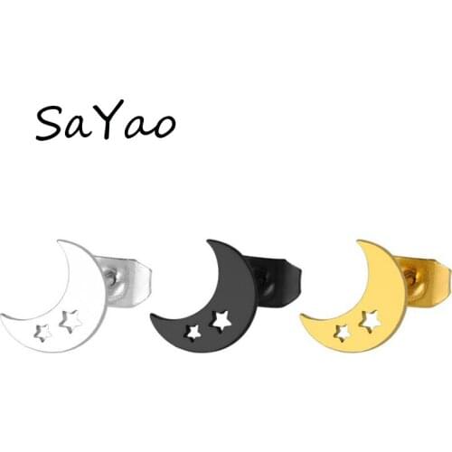 SaYao 2 Piece Stainless Steel Stud Earring Gold Moon Earrings Tragus Ear Piercing Cute Love Stars Earrings Men Women Gift