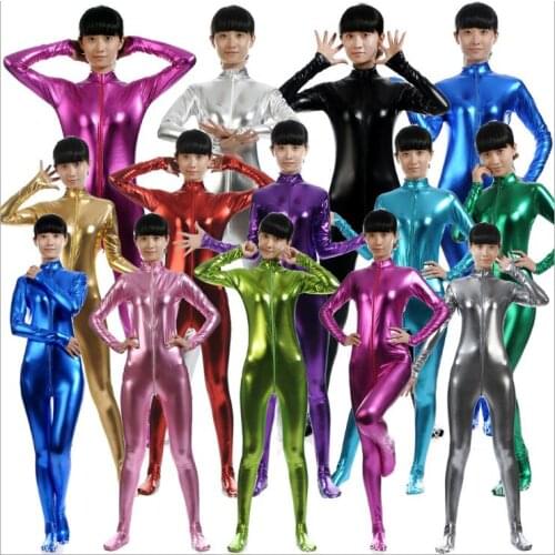Sexy women Spandex Shiny Metallic Catsuit Front Zipper Bodysuit Skin Tights Costume
