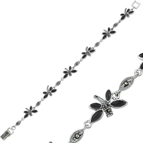 Silver 925 Sterling Dragonfly Onyx & Marcasite Sterling Bracelet