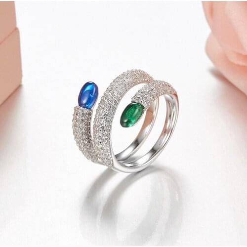 SLJELY Fine Design 925 Sterling Silver Cubic Zirconia Candy Double Finger Rings Women Trendy Blue and Green Stone Jewelry Gift