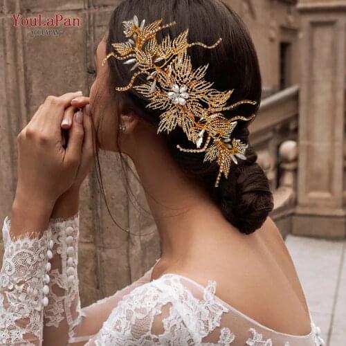 YouLaPan HP380 Fashion Rhinestone Headband Wedding Crown for Brides Hollow Gold Leaf Bridal Headpiece Women Tiara Hair Jewelry