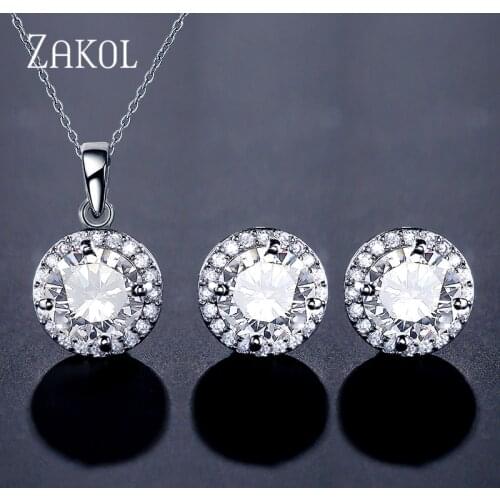 ZAKOL Trendy White Blue Micro Inlay Round Zirconia Crystal Stud Earrings & Necklace Jewelry Set for Women Party Gift FSSP3170