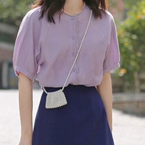 2021 Summer White Shirt Lantern Sleeve Lace Round Neck Shirt Womens New Thin Short Sleeve Tops Single Breasted Clothing 15373