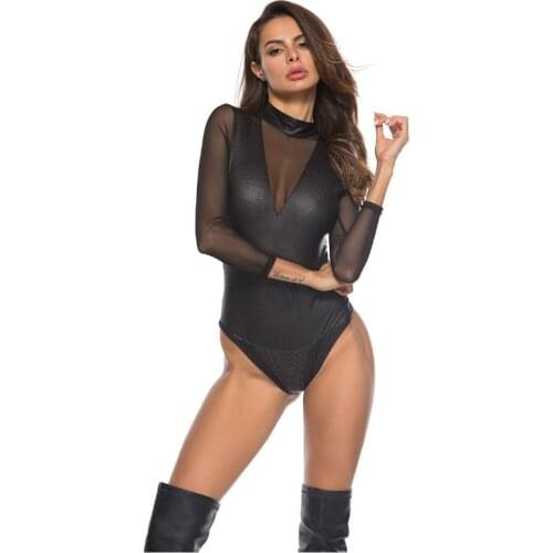 Women Mesh Lingerie Sexy Patent Leather Jumpsuit Transparent Net Bodysuit See Through Erotic Latex Catsuit Pole Dance Night Club