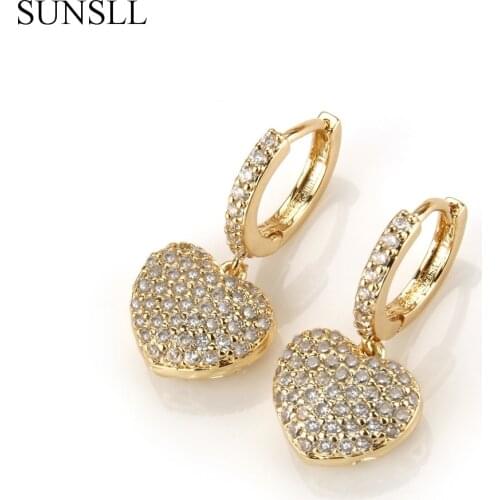 SUNSLL Gold Color Copper Cubic Zirconia Love Heart Pendant Hoop Earrings Womens Fashion Party Jewelry CZ FELHEADO Brincos