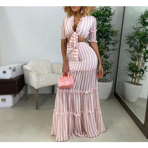 Women Half Sleeve Ruffles Tie Up Crop Top and Maxi Skirt Set Two Piece Elegant Dress Suits