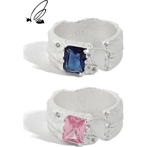 SSTEEL 925 Sterling Silver Irregular Rings For Women INS Style Micro Pink Blue Zircon Open Ring Anel Feminino 2021 Jewellery