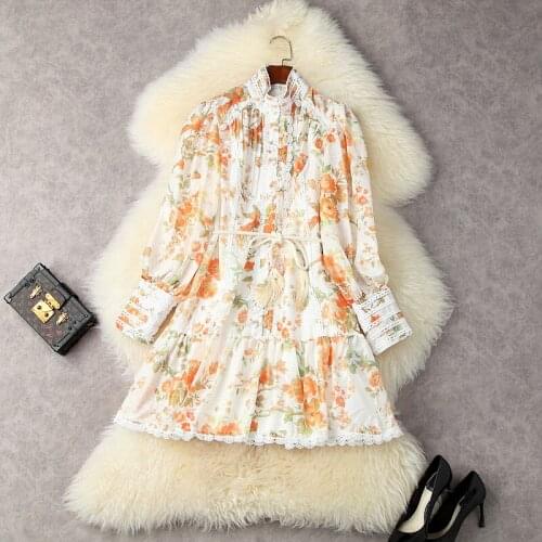 French autumn 2021 new womens dress retro court style printed loose meat cover lotus leaf stand collar Western style dress