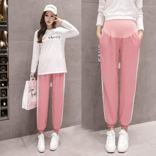 166005# Maternity Pants Spring Autumn Cotton Casual Pants Loose Comfy Belly Support Pants Elastic Waist Maternity Trousers