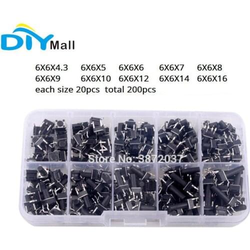 200pcs/set 10Values 6x6mm 10Size Micro Momentary Breadboard Tact Tactile Push Button Switch Assortment Kit with Box for Arduino